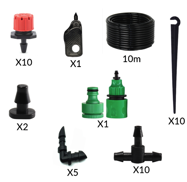 Complete irrigation kit - 10m pipe + 10 drippers